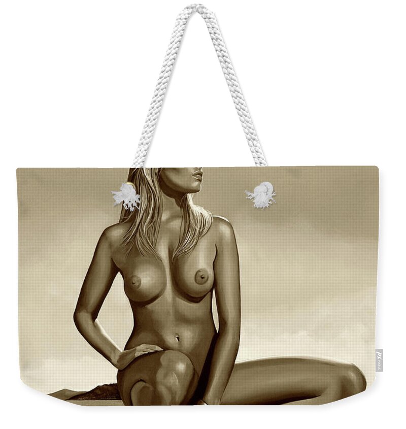 Nude Woman Weekender Tote Bag featuring the mixed media Nude Blond Beauty Sepia by Paul Meijering