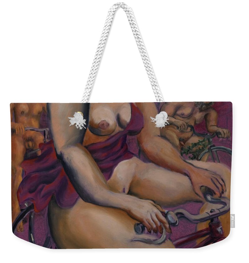 Nudes Weekender Tote Bag featuring the painting Nude cyclists with Carracchi Bacchus by Peregrine Roskilly