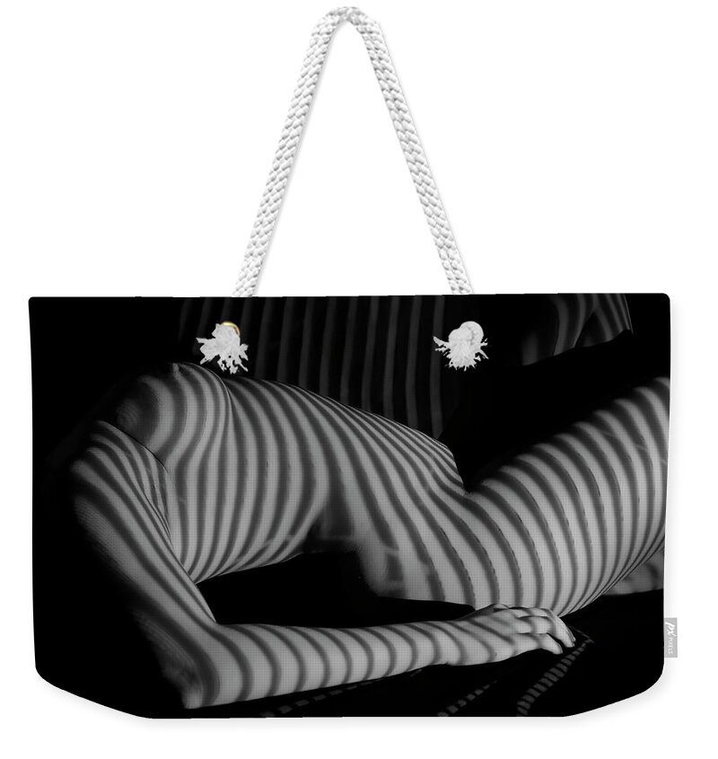 Nude Weekender Tote Bag featuring the photograph Nude with stripe by Kiran Joshi