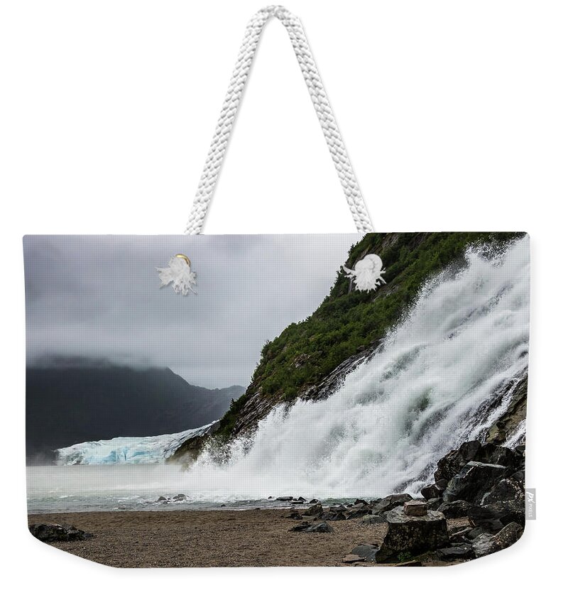 Rocks Weekender Tote Bag featuring the photograph Nugget Falls and the Mendenhall by Ed Clark