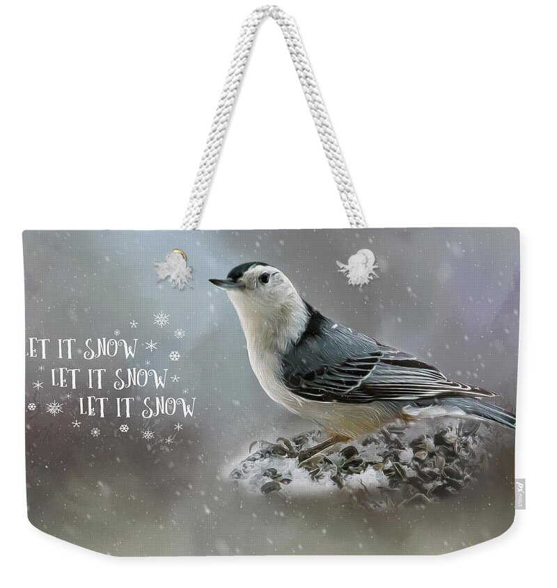 Bird Weekender Tote Bag featuring the photograph Nuthatch in Winter Holiday Card by Cathy Kovarik