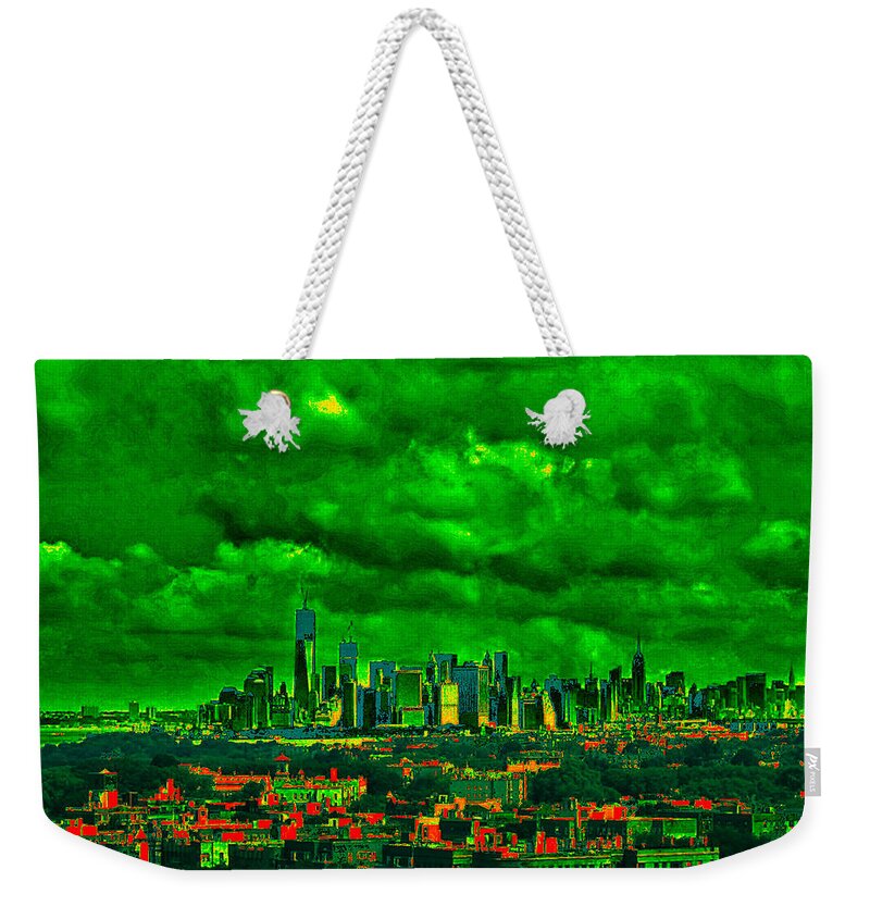 Nyc Skyline Weekender Tote Bag featuring the mixed media NYC Skyline Night Vision by Stacie Siemsen