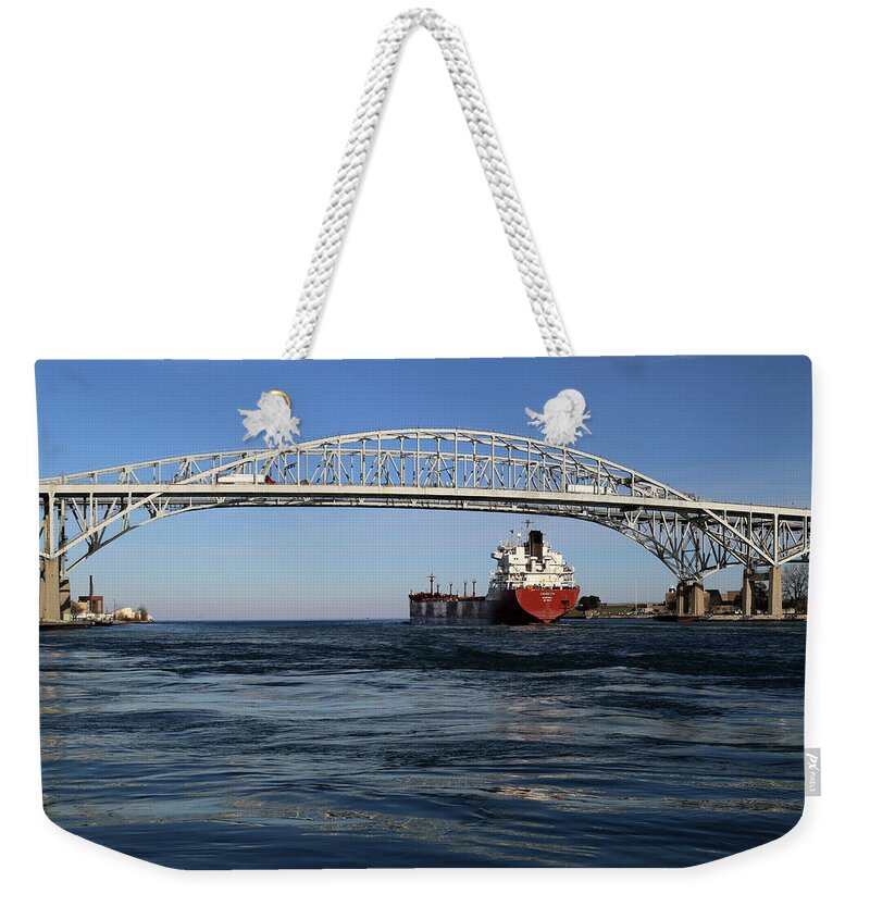 Oakglen Weekender Tote Bag featuring the photograph Oakglen and Blue Water Bridge 2 by Mary Bedy