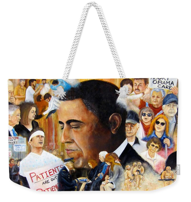 President Barack Obama Weekender Tote Bag featuring the painting Obama's Full Plate by Leonardo Ruggieri