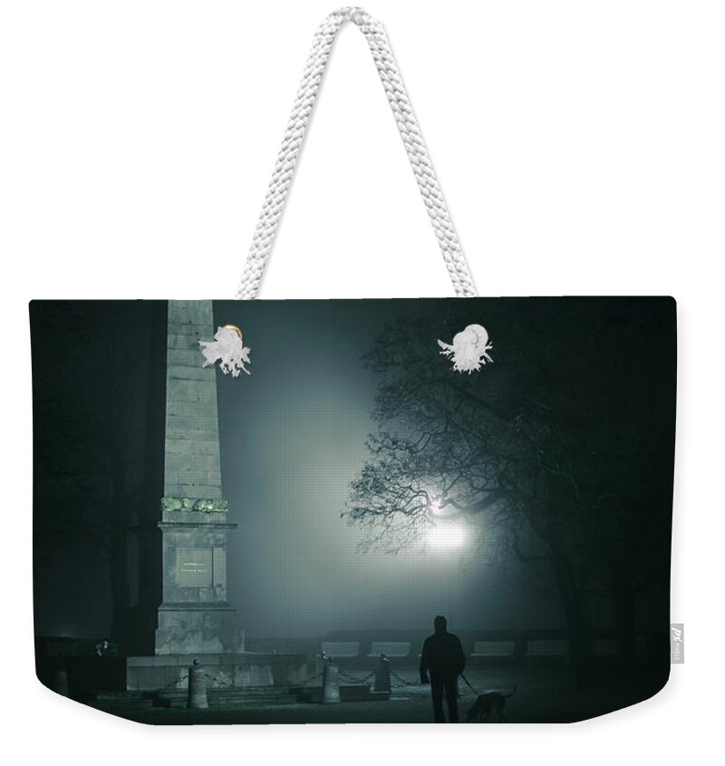 Jenny Rainbow Fine Art Photography Weekender Tote Bag featuring the photograph Obelisk. Misty Nights in Brno by Jenny Rainbow