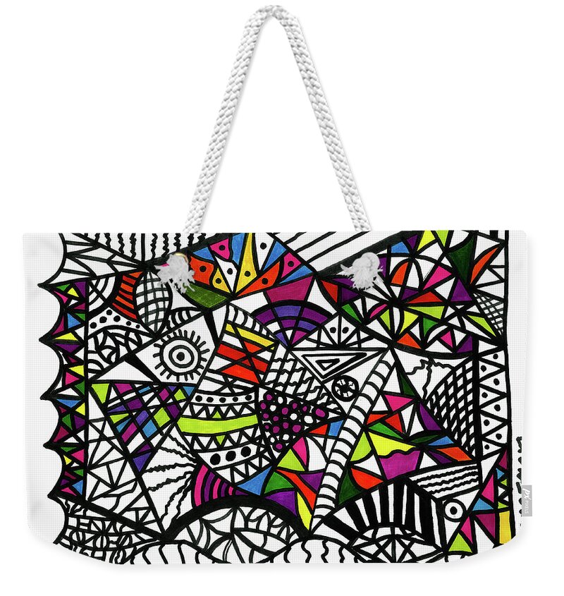 Original Drawing Weekender Tote Bag featuring the drawing Objective Contrast With Color by Susan Schanerman