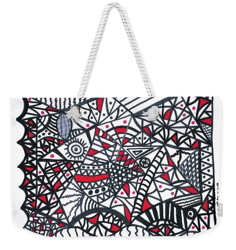 Original Drawing Weekender Tote Bag featuring the drawing Objective Contrast with Red and Silver by Susan Schanerman