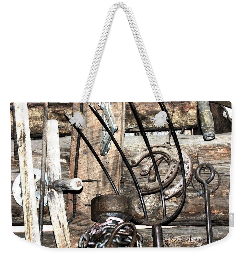 Pitchfork Weekender Tote Bag featuring the photograph Objects on a Barn Wall by Kae Cheatham