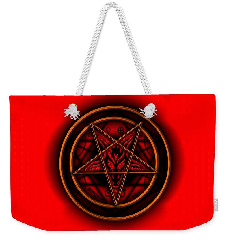 Fantasy Weekender Tote Bag featuring the digital art Occult Magick Symbol on Red by Pierre Blanchard by Esoterica Art Agency