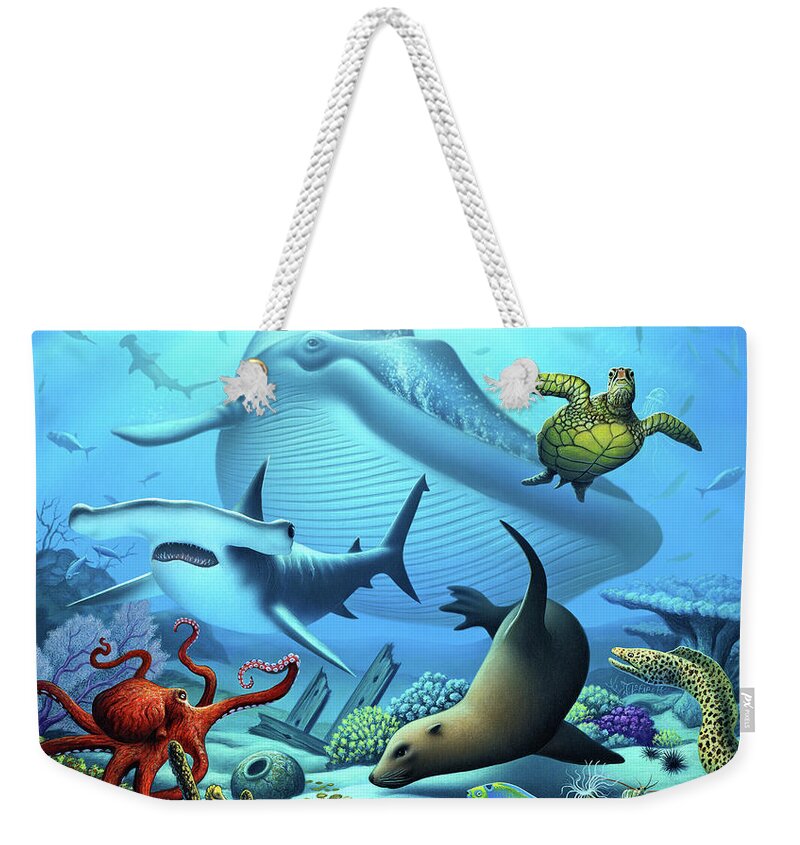 Blue Whale Weekender Tote Bag featuring the digital art Ocean Life by Jerry LoFaro