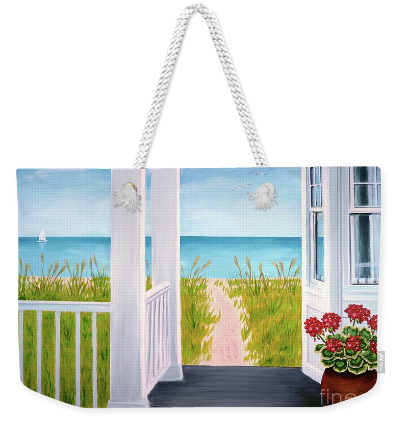 Porch Weekender Tote Bag featuring the painting Ocean Porch View And Geraniums by Pat Davidson