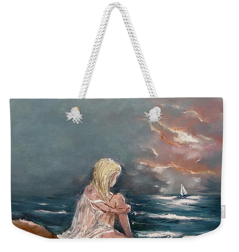 Oceanic Relaxation Ocean View Sea Wave Water Seascape Girl Woman Sit Figure Look Sail Sailing Beach Evening Sunset Clouds Splash Blonde Acrylic Painting Print Nude Blue White Weekender Tote Bag featuring the painting Oceanic Relaxation by Miroslaw Chelchowski