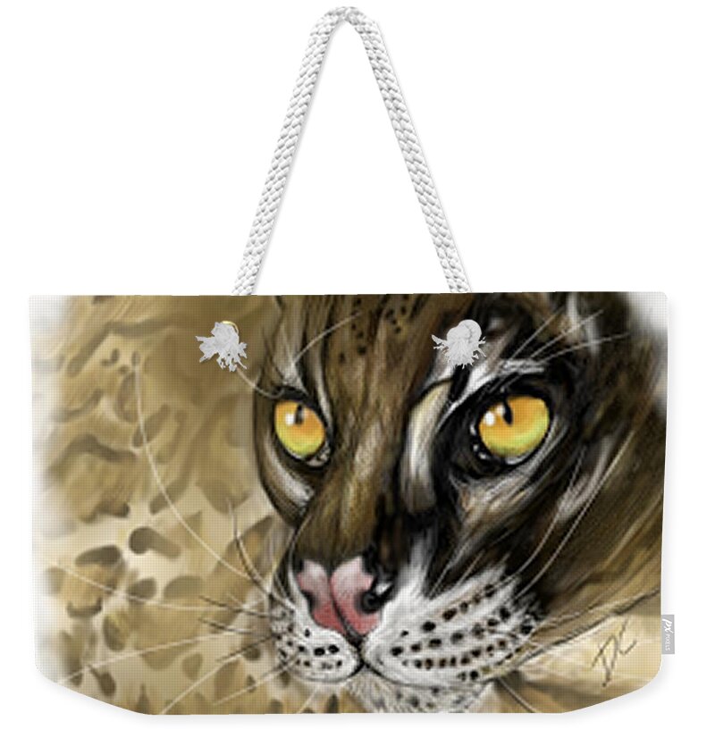 Feline Weekender Tote Bag featuring the digital art Ocelot by Darren Cannell