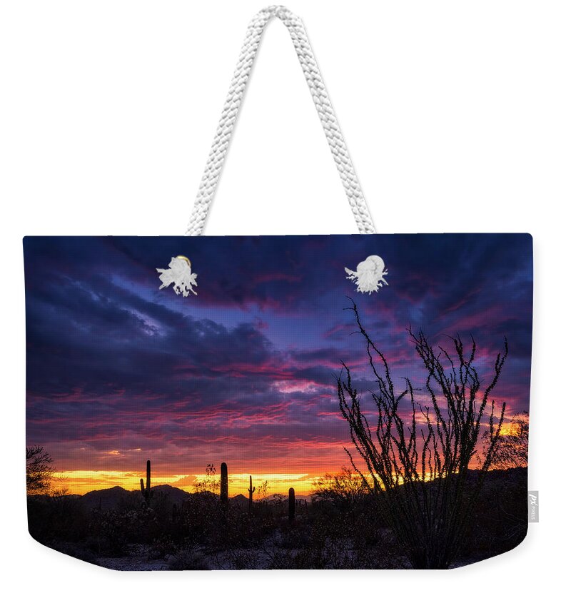 Monsoon Weekender Tote Bag featuring the photograph Ocotillo Sunset by Saija Lehtonen
