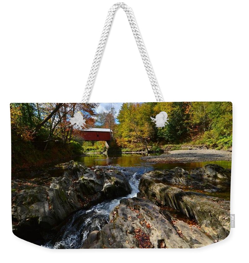 Slaughterhouse Covered Bridge Weekender Tote Bag featuring the photograph October in Vermont by Steve Brown