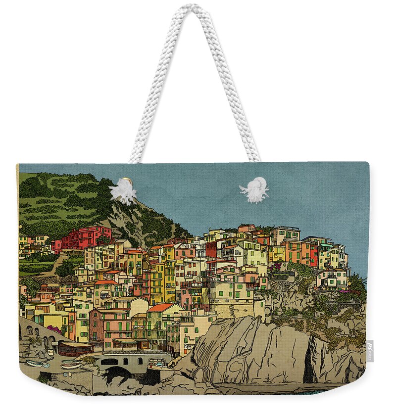 Manarola Weekender Tote Bag featuring the drawing Of Houses and Hills by Meg Shearer