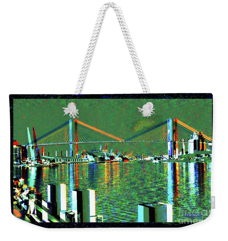 Beautiful Bridges Weekender Tote Bag featuring the mixed media Of Time and the Savannah River Bridge by Aberjhani