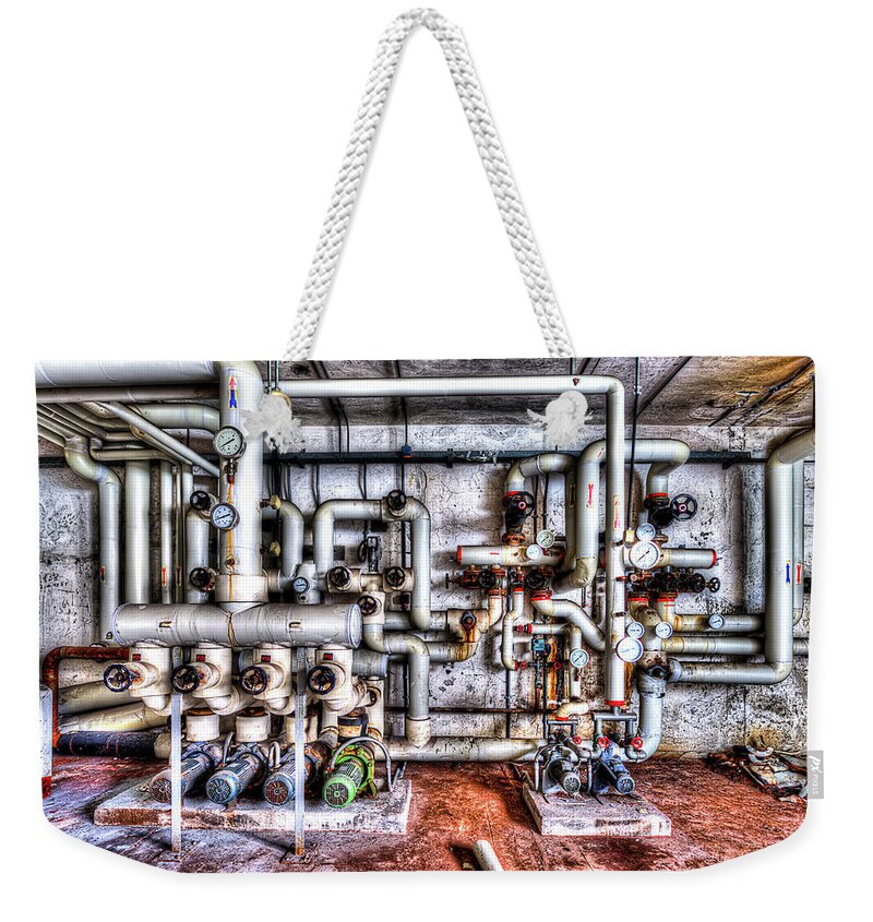 Luoghi Abbandonati Weekender Tote Bag featuring the photograph Office Building Pump Room - Sala Pompe Palazzo Abbandonato by Enrico Pelos