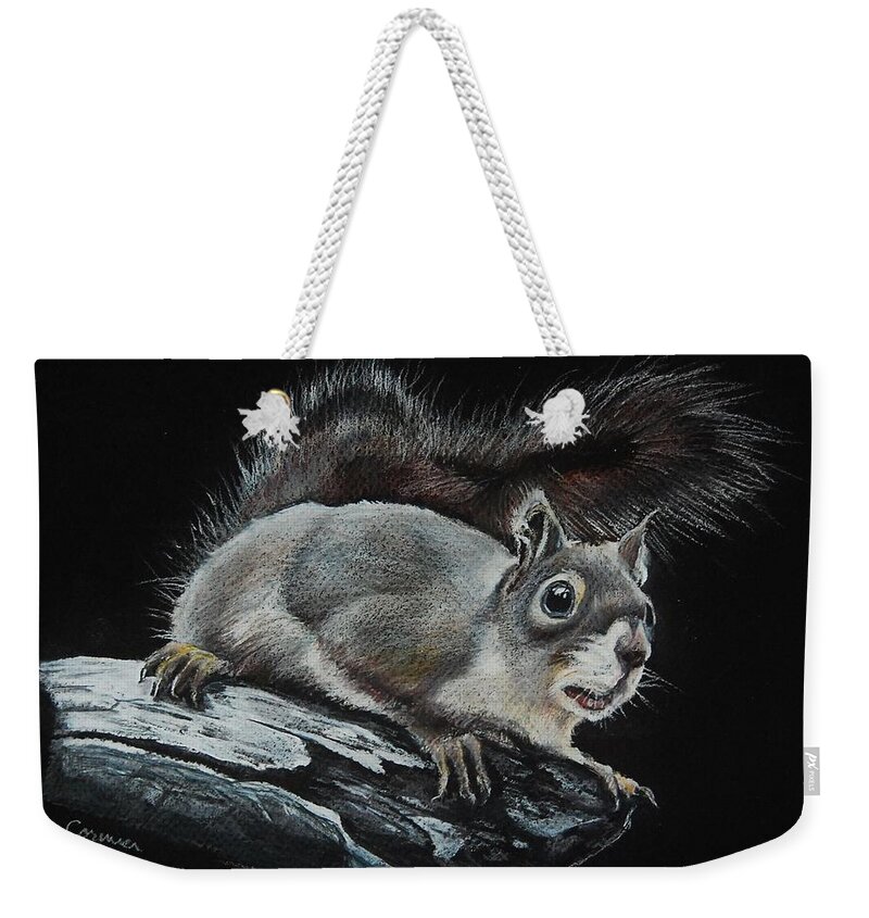 Squirrel Weekender Tote Bag featuring the drawing Oh Nuts by Jean Cormier