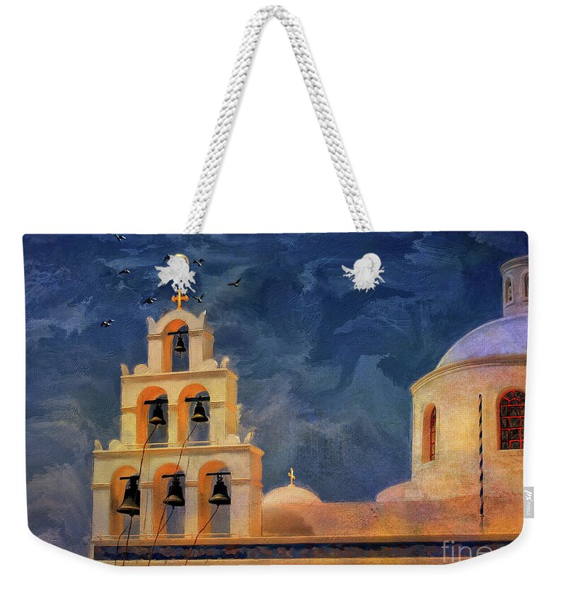 Church Weekender Tote Bag featuring the digital art Oia Sunset Imagined by Lois Bryan