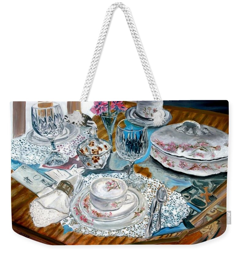 Oil Weekender Tote Bag featuring the painting Oil Painting Still Life China Tea Set by Derek Mccrea