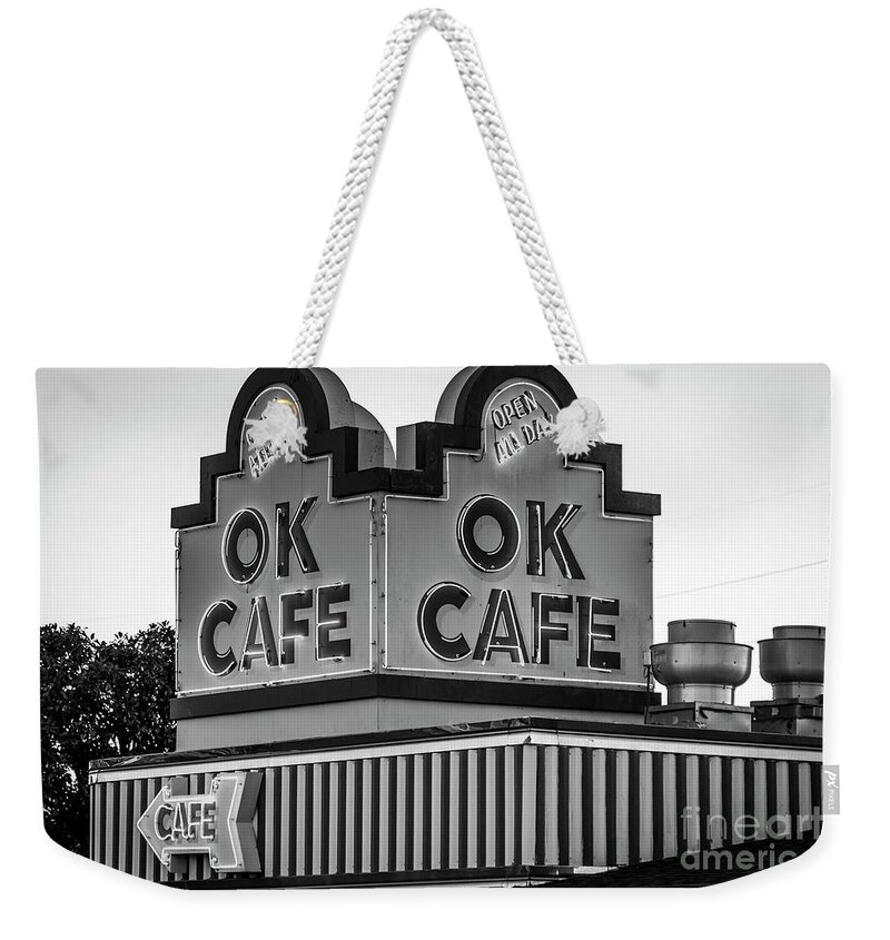 Reid Callaway Atlanta Classic Ok Cafe Weekender Tote Bag featuring the photograph OK CAFE Neon 2 B W Atlanta Classic Landmark Restaurant Art by Reid Callaway