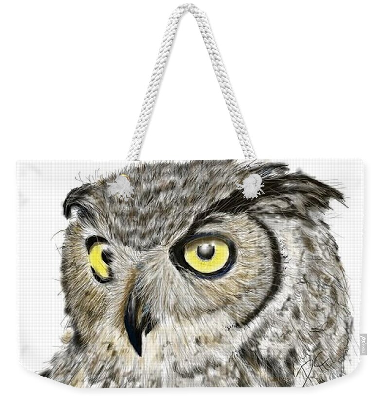 Owl Weekender Tote Bag featuring the digital art Old and wise by Darren Cannell