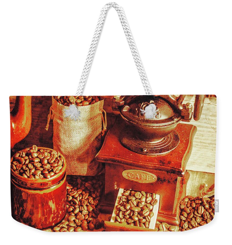 Restaurant Weekender Tote Bag featuring the photograph Old bean mill decor. Kitchen art by Jorgo Photography