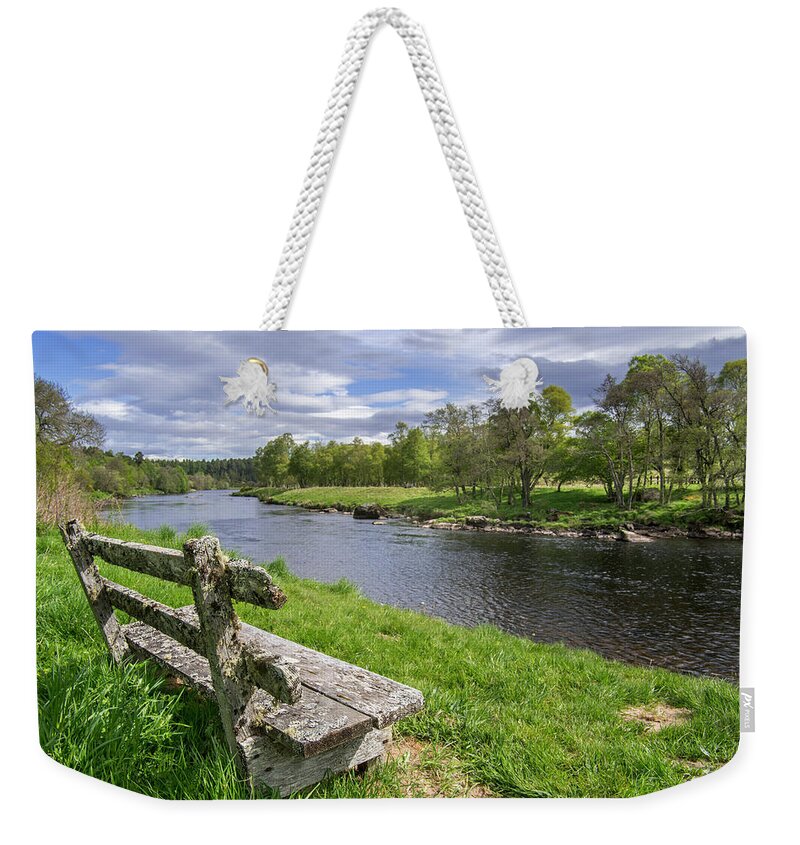 Old Weekender Tote Bag featuring the photograph Old Bench along Spey River, Scotland by Arterra Picture Library