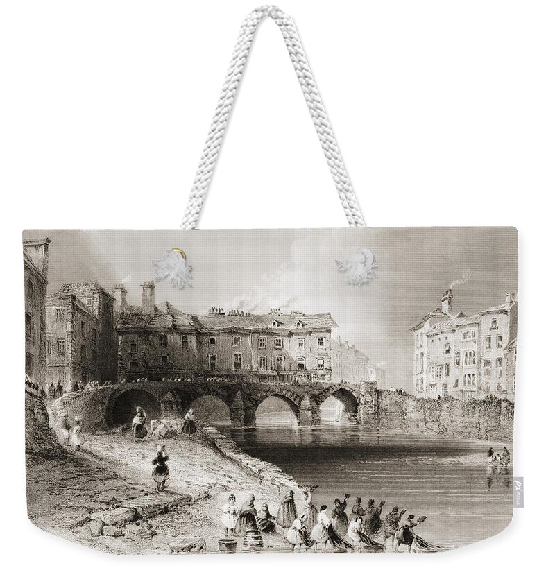 Historical Weekender Tote Bag featuring the drawing Old Boats Bridge, Limerick, Ireland by Vintage Design Pics