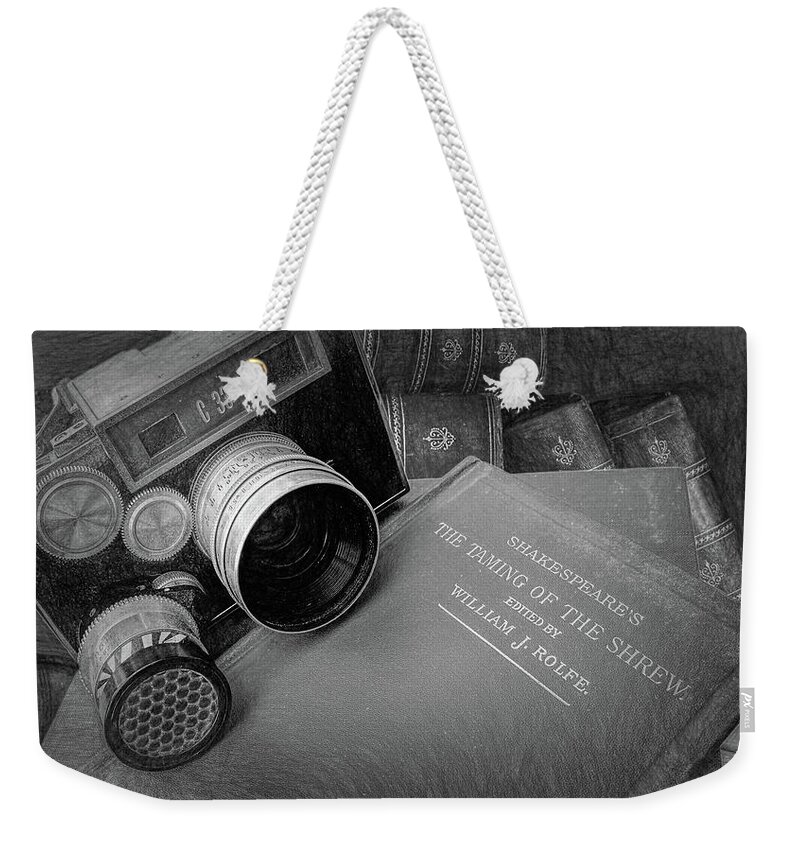 Pat Cook Weekender Tote Bag featuring the photograph Old books and cameras by Pat Cook