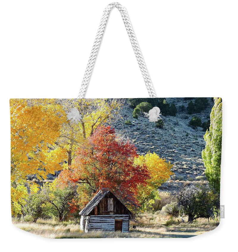 Old Cabin. Fall Leaves. Birthtown Of Butch Cassidy Weekender Tote Bag featuring the photograph . Butch Cassidy's Home Place by Patricia Haynes
