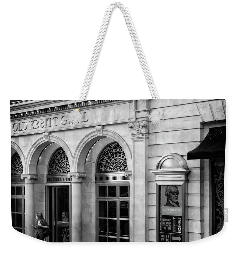 Washington Dc Weekender Tote Bag featuring the photograph Old Ebbitt Grill In Black and White by Greg and Chrystal Mimbs