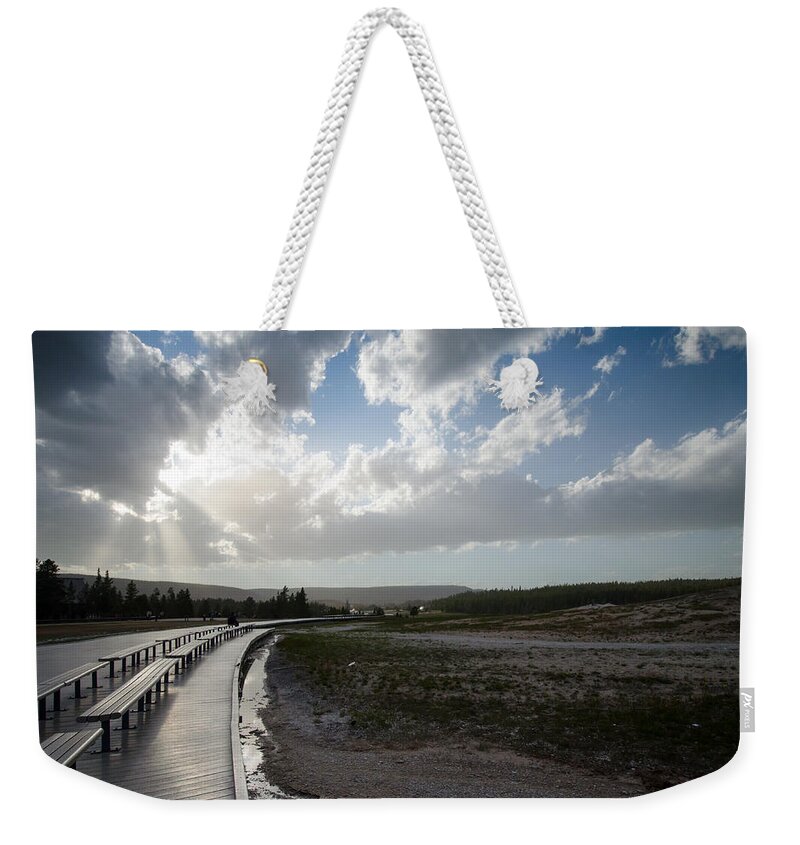 Landscape Weekender Tote Bag featuring the photograph Old Faithful Walkway by Crystal Wightman