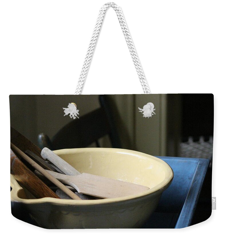 Vintage Mixing Bowl Weekender Tote Bag featuring the photograph Old Fashioned Baking Tools by Colleen Cornelius