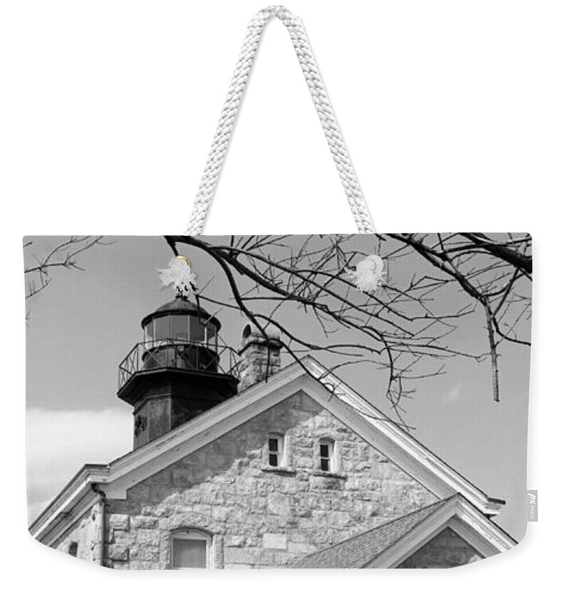 Architecture Weekender Tote Bag featuring the photograph Old Field Light House N Y B W by Rob Hans