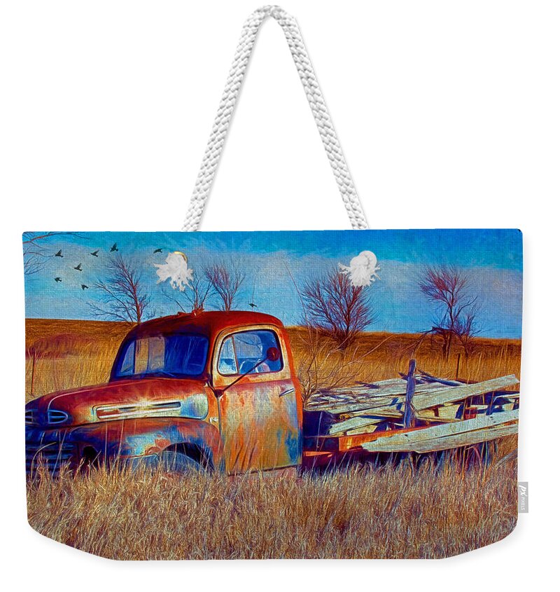 Ford F5 Truck Weekender Tote Bag featuring the photograph Old Ford F5 Truck Abandoned in Field by Anna Louise