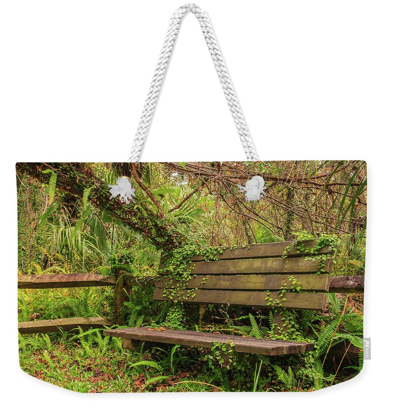 Florida Weekender Tote Bag featuring the photograph Old Forest Bench by Stefan Mazzola