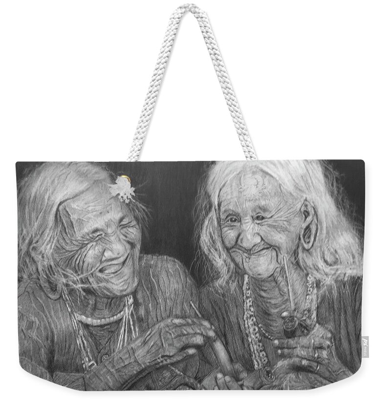 Women Weekender Tote Bag featuring the drawing Old Friends, Smokin' and Jokin' 2 by Quwatha Valentine