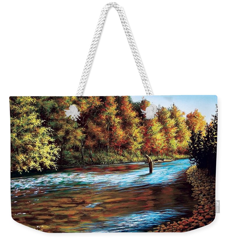 Fishing Weekender Tote Bag featuring the painting Old Man and the River by Anthony J Padgett