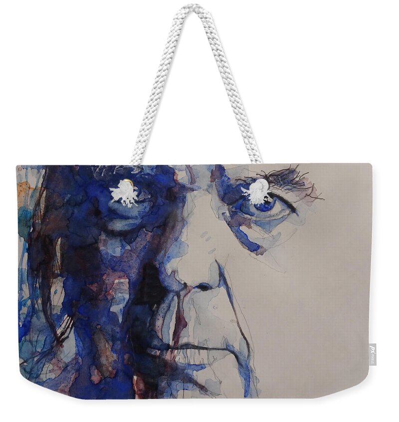 Neil Young Weekender Tote Bag featuring the painting Old Man - Neil Young by Paul Lovering