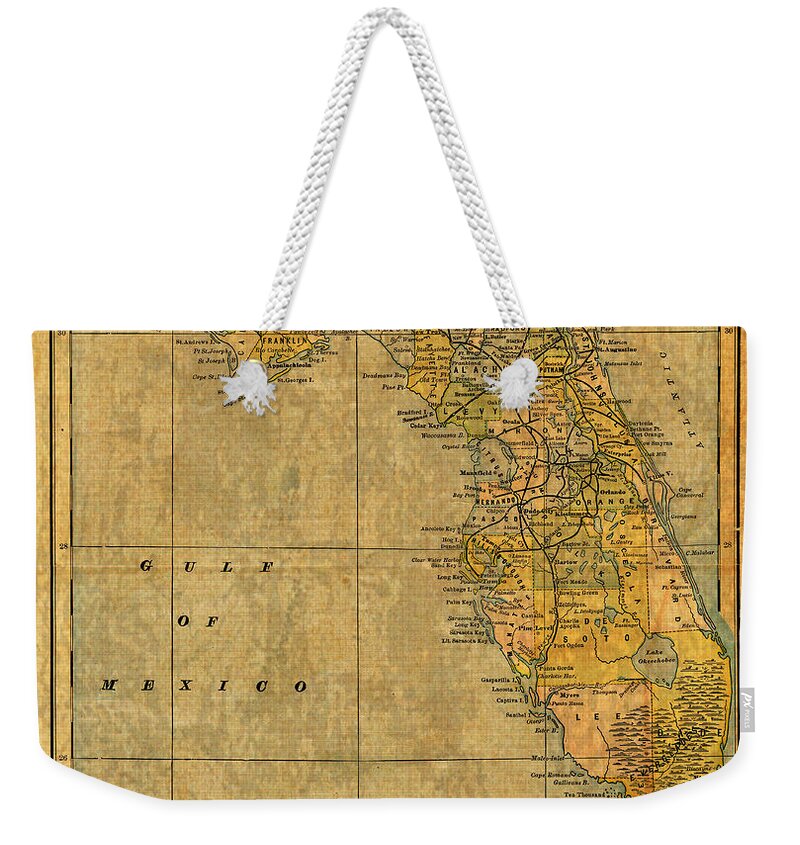Old Weekender Tote Bag featuring the mixed media Old Map of Florida Vintage Circa 1893 on Worn Distressed Parchment by Design Turnpike
