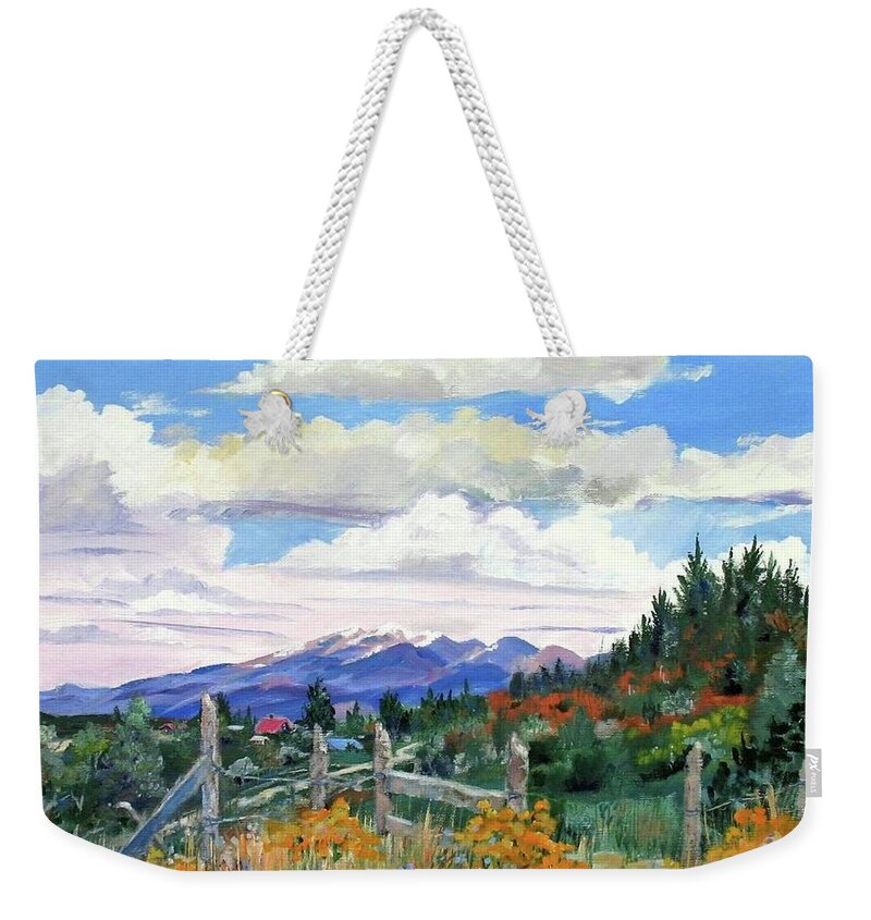 Mountains Weekender Tote Bag featuring the painting Old North Fence-In Colorado by Adele Bower