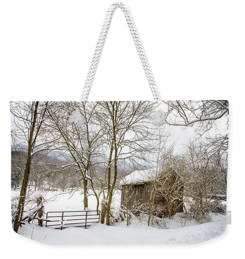 Landscape Weekender Tote Bag featuring the photograph Old Post Office in Snow by Joe Shrader