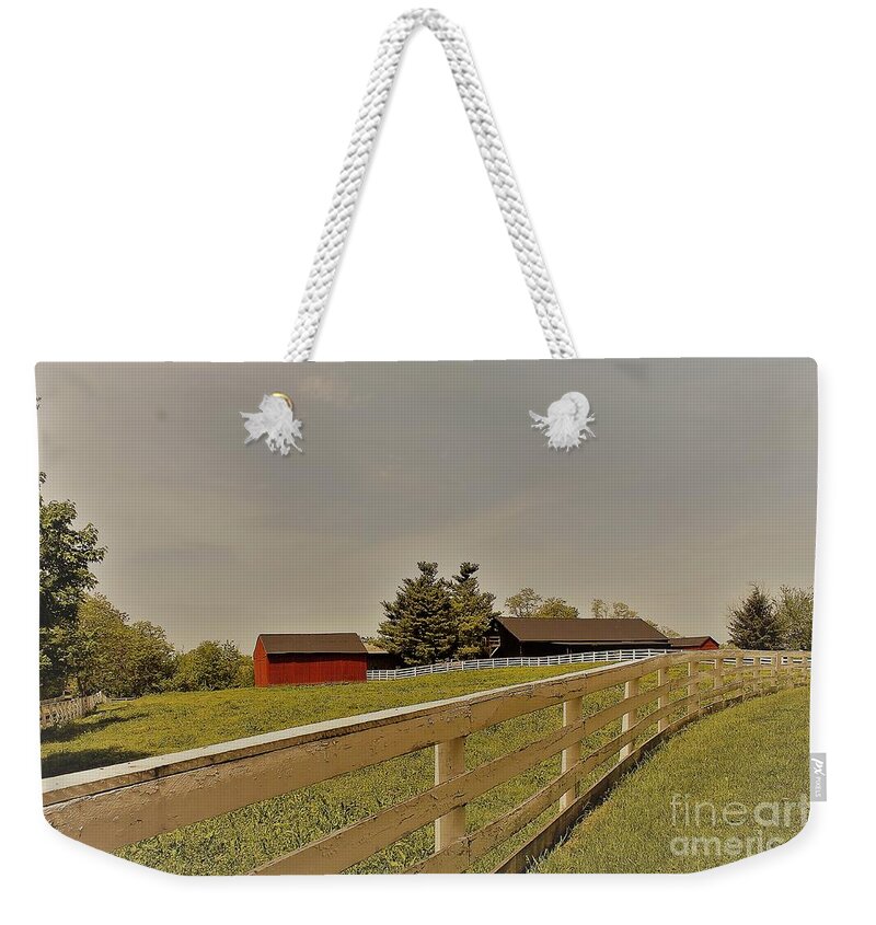 Landscape Weekender Tote Bag featuring the photograph Old Red Barn by Carol Riddle