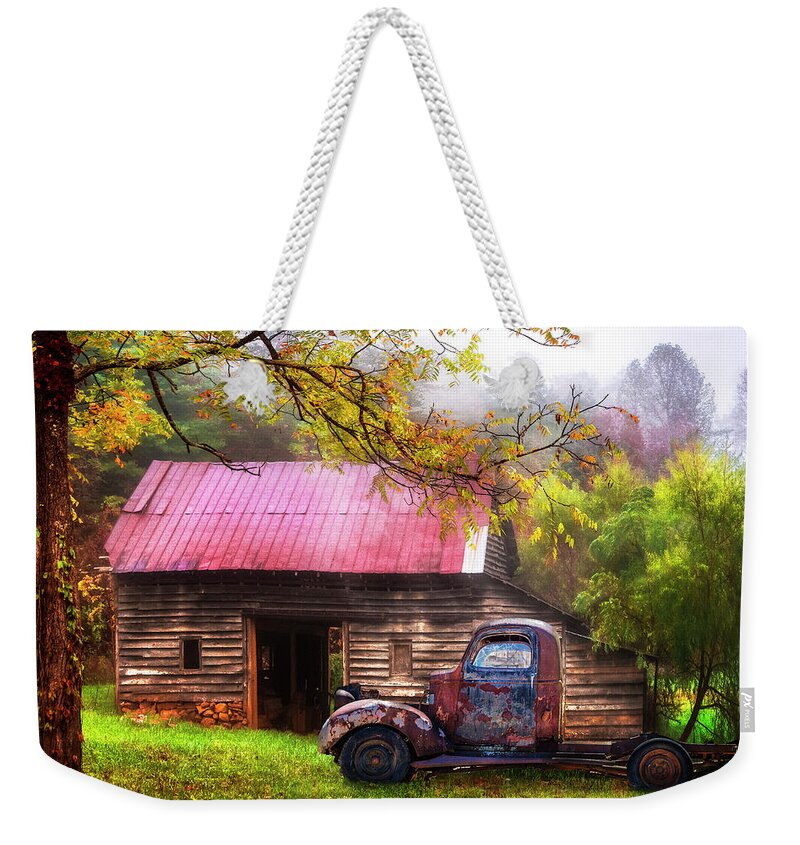 1938 Weekender Tote Bag featuring the photograph Old Smoky Truck and Barn by Debra and Dave Vanderlaan