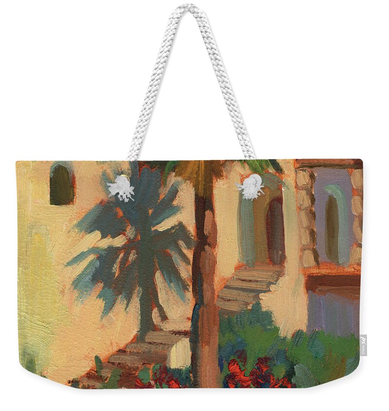 Old Town La Quinta Palm Tree Weekender Tote Bag featuring the painting Old Town La Quinta Palm by Diane McClary