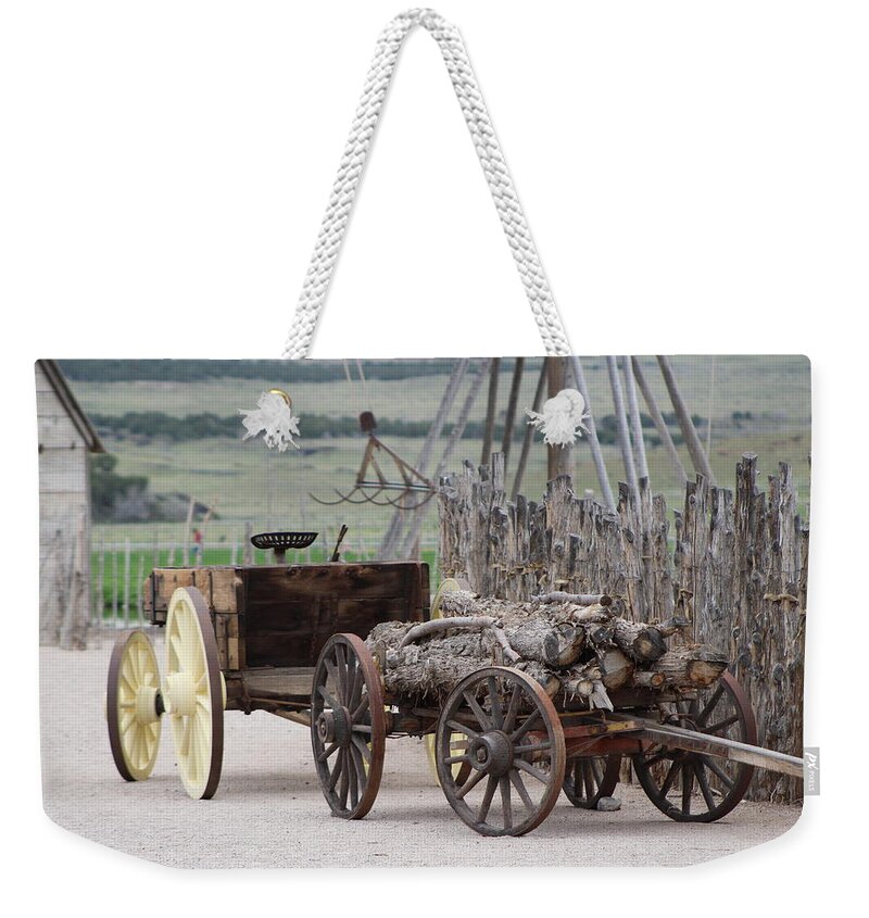 Cove Creek Utah Weekender Tote Bag featuring the photograph Old Tractor and Wagon in Foreground Cove Creek Fort Photography by Colleen by Colleen Cornelius