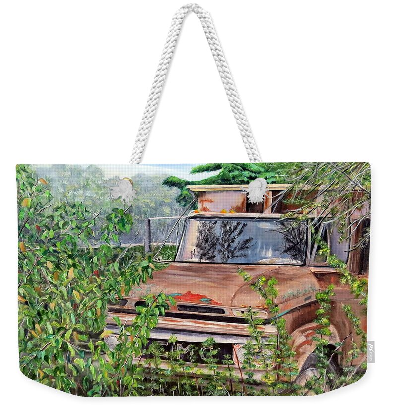Old Truck Weekender Tote Bag featuring the painting Old truck rusting by Marilyn McNish