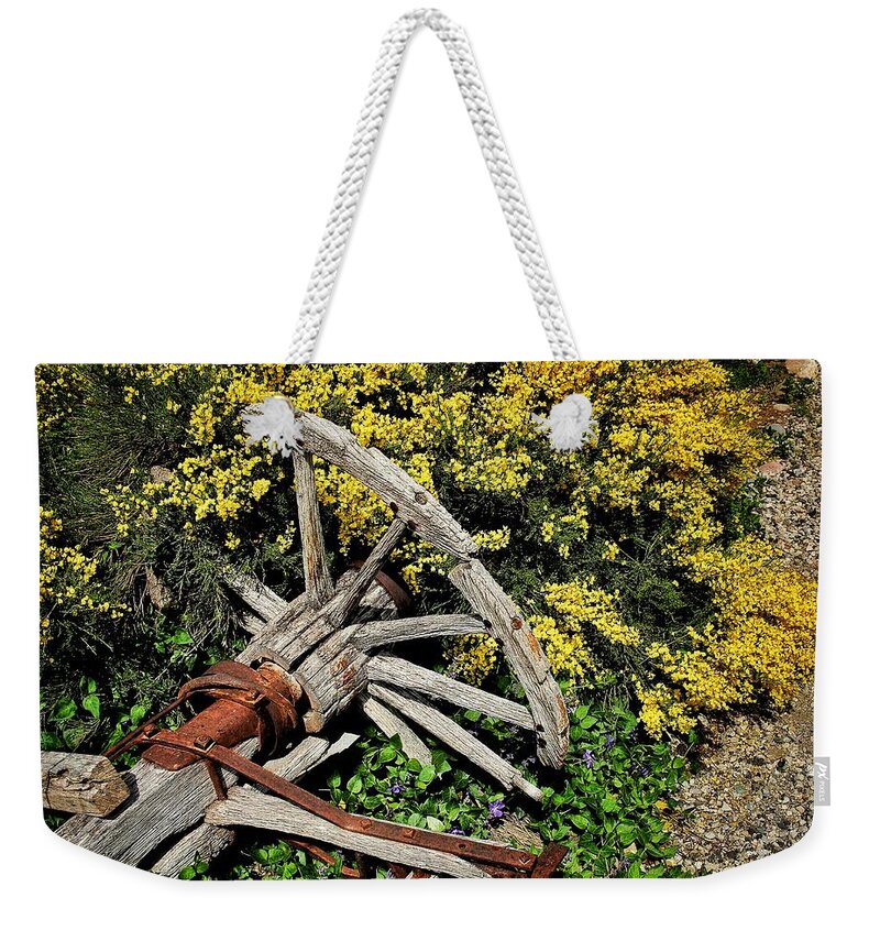 Wagon Weekender Tote Bag featuring the photograph Old Wagon and Flowers by Buck Buchanan